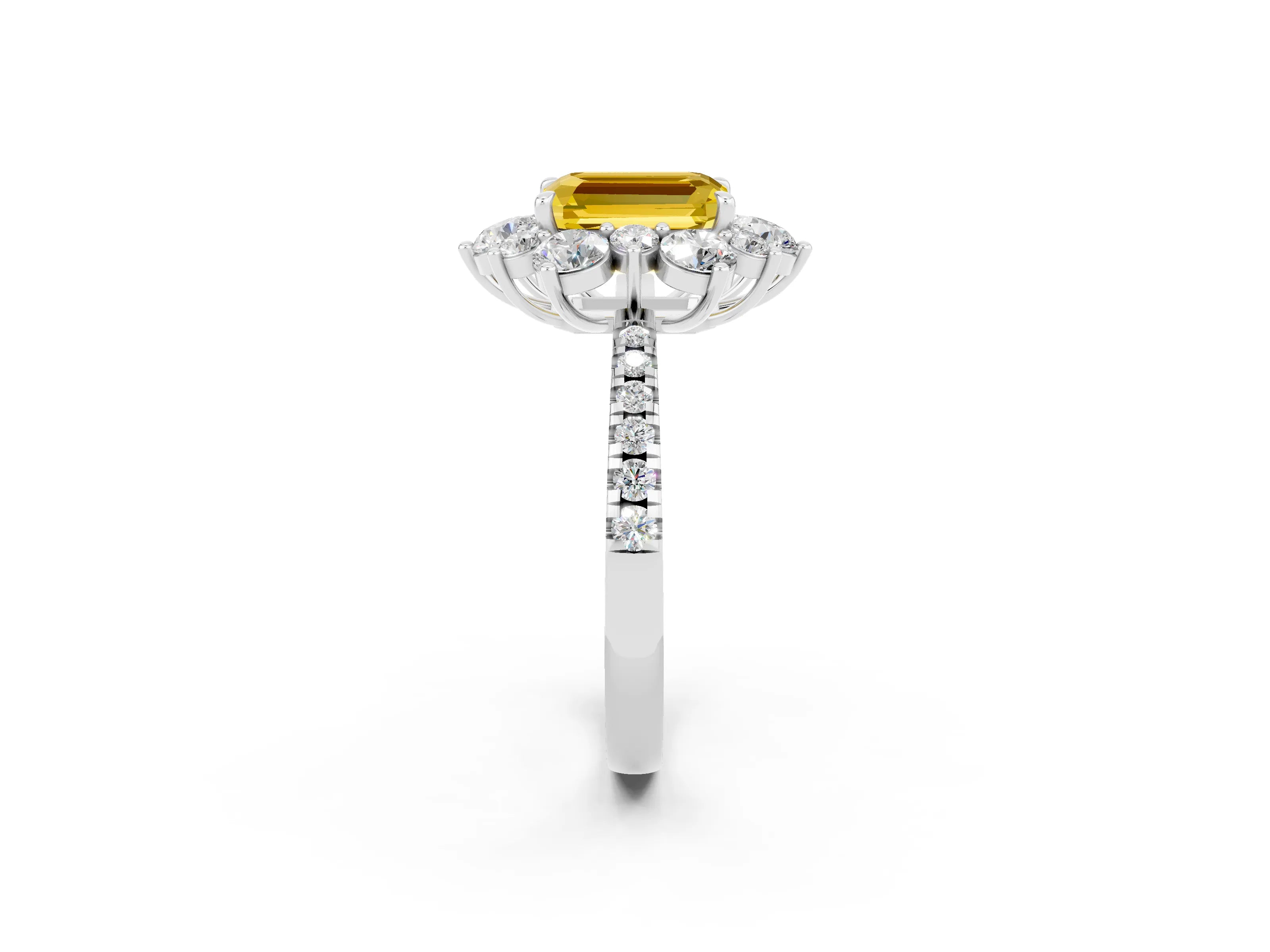 White gold Emerald Cut Cut Diamond Floral Halo Pave Band with Prong Setting_2