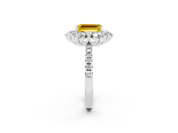 Platinum Emerald Cut Yellow Sapphire Floral Halo Ring with Round Pavé Band and Prong Setting