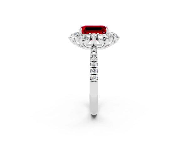 Platinum Emerald Cut Ruby Floral Halo Ring with Round Pavé Band and Prong Setting