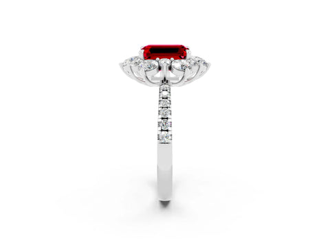 White gold Emerald Cut Cut Diamond Floral Halo Pave Band with Prong Setting_2