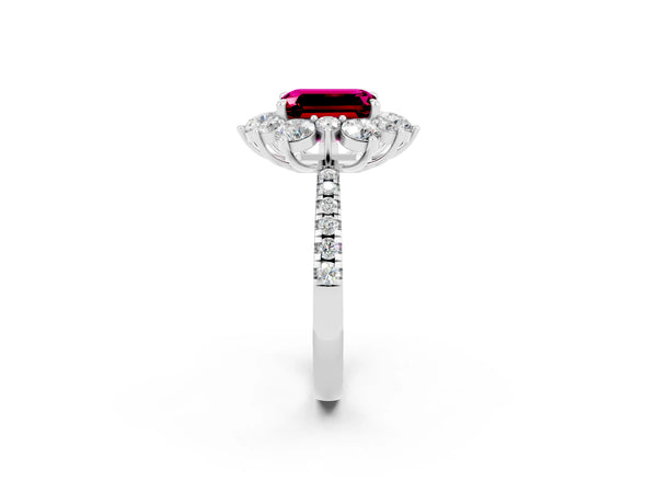 Silver Emerald Cut Garnet Floral Halo Ring with Round Pavé Band and Prong Setting