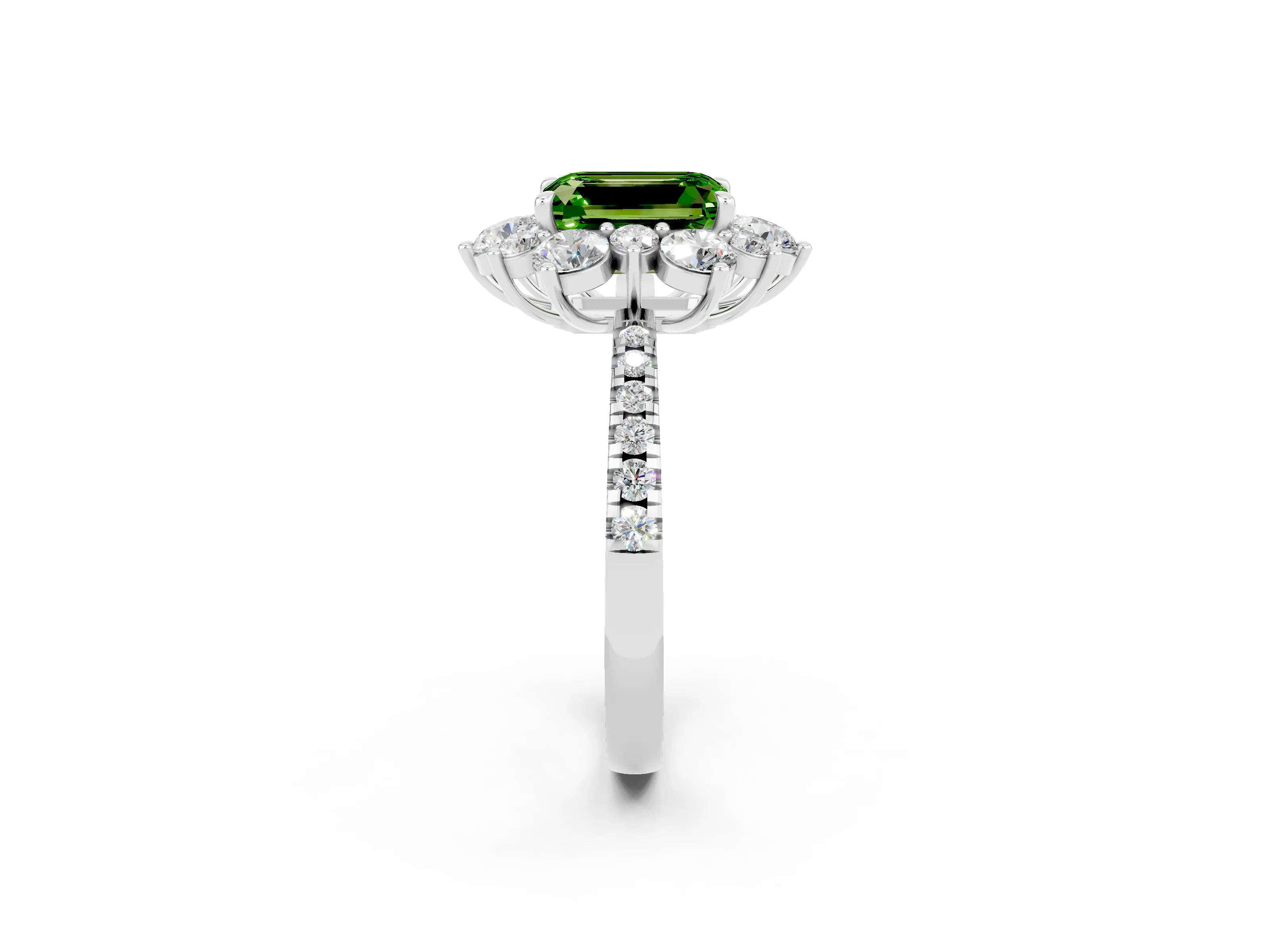 White gold Emerald Cut Cut Diamond Floral Halo Pave Band with Prong Setting_2