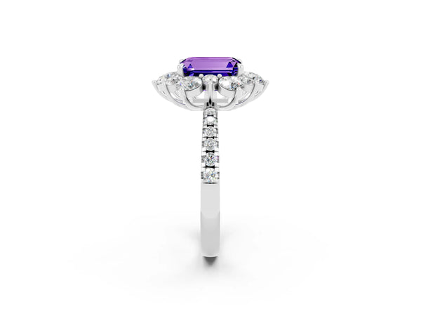 Silver Emerald Cut Tanzanite Floral Halo Ring with Round Pavé Band and Prong Setting