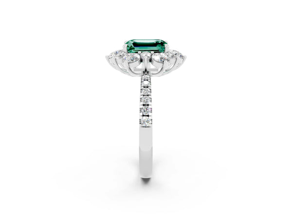 Silver Emerald Cut Green Sapphire Floral Halo Ring with Round Pavé Band and Prong Setting
