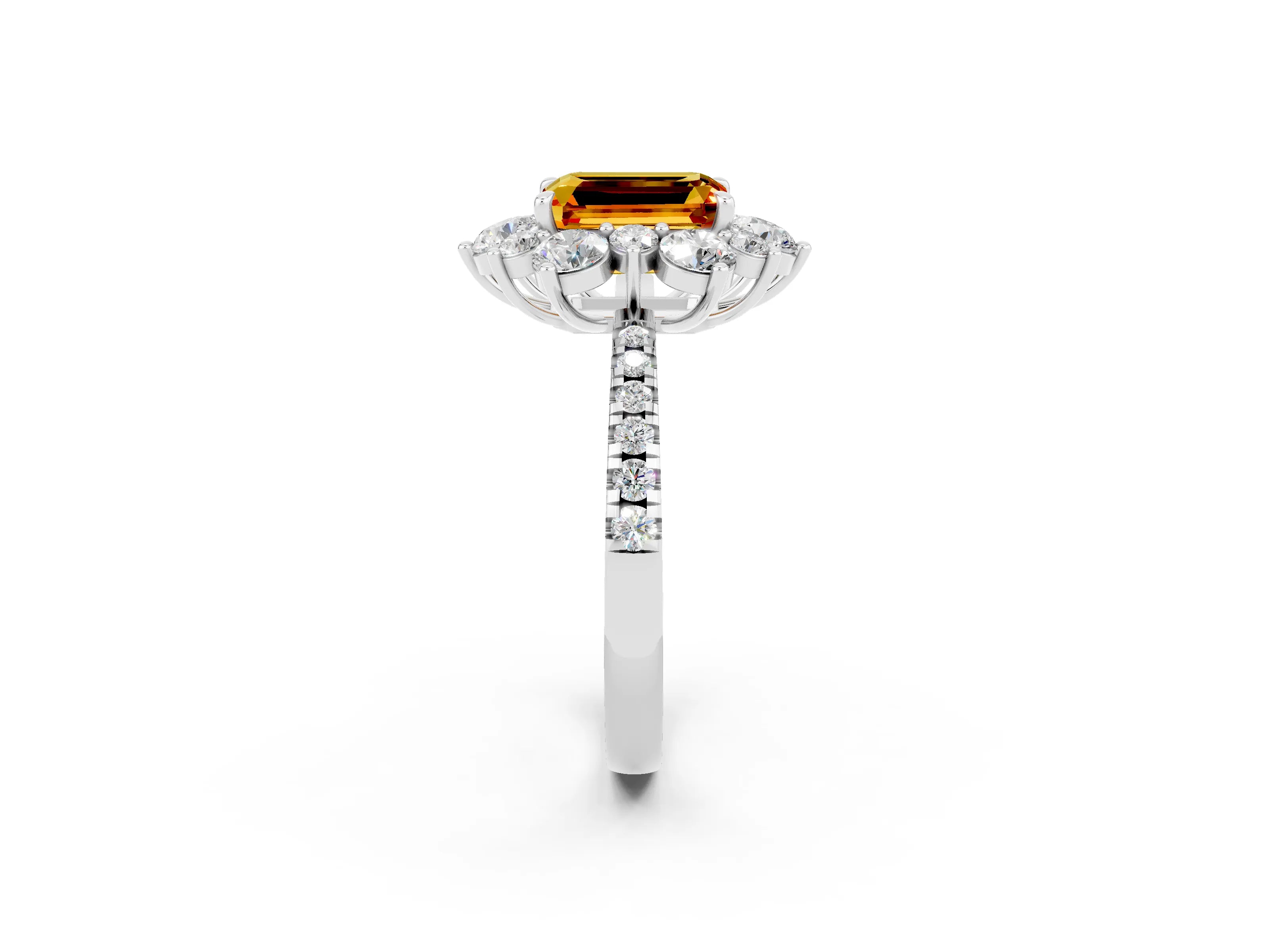 White gold Emerald Cut Cut Diamond Floral Halo Pave Band with Prong Setting_2