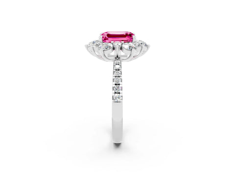 White gold Emerald Cut Cut Diamond Floral Halo Pave Band with Prong Setting_2