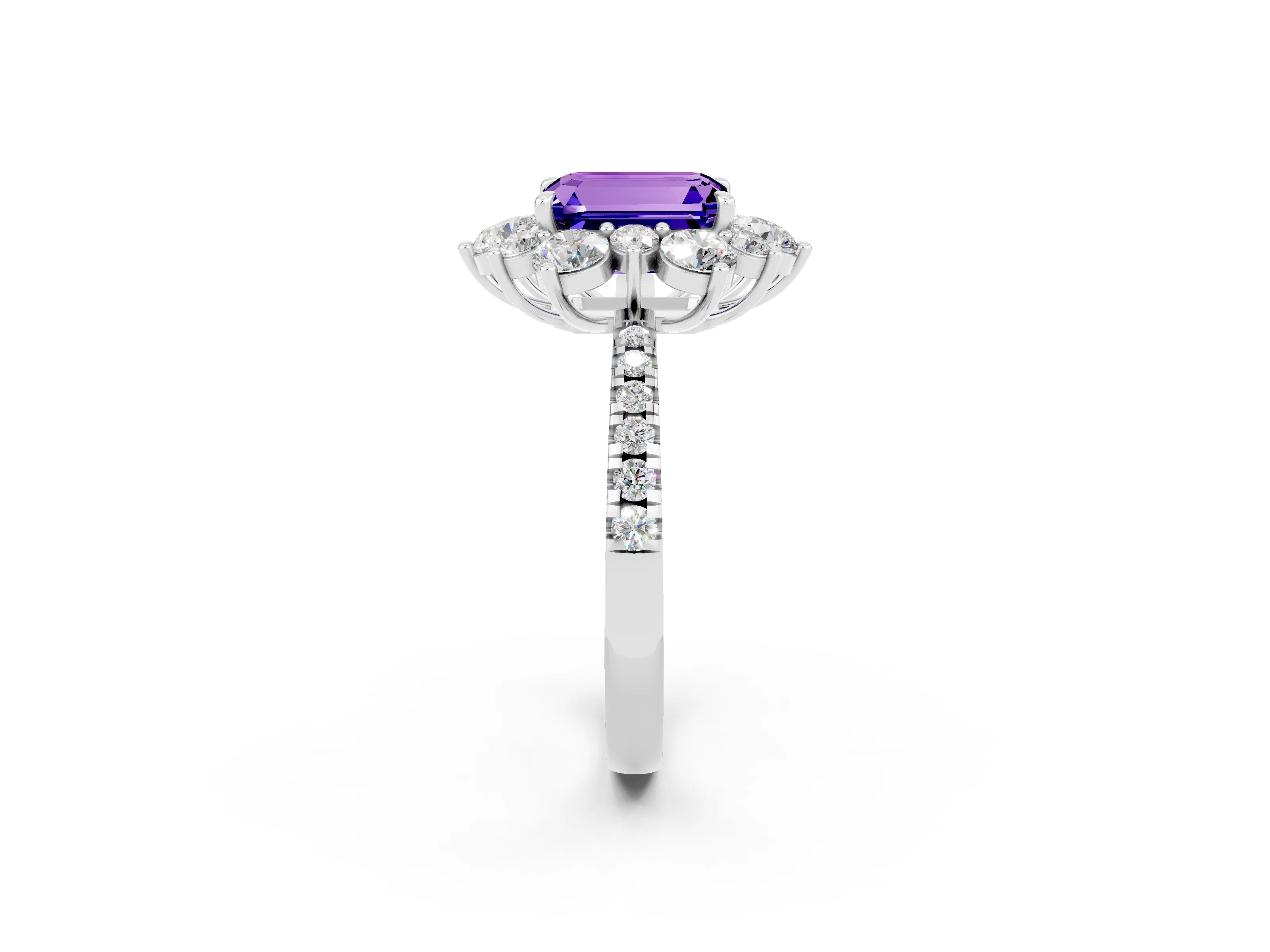 White gold Emerald Cut Cut Diamond Floral Halo Pave Band with Prong Setting_2