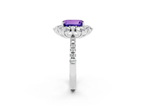 White gold Emerald Cut Cut Diamond Floral Halo Pave Band with Prong Setting_2