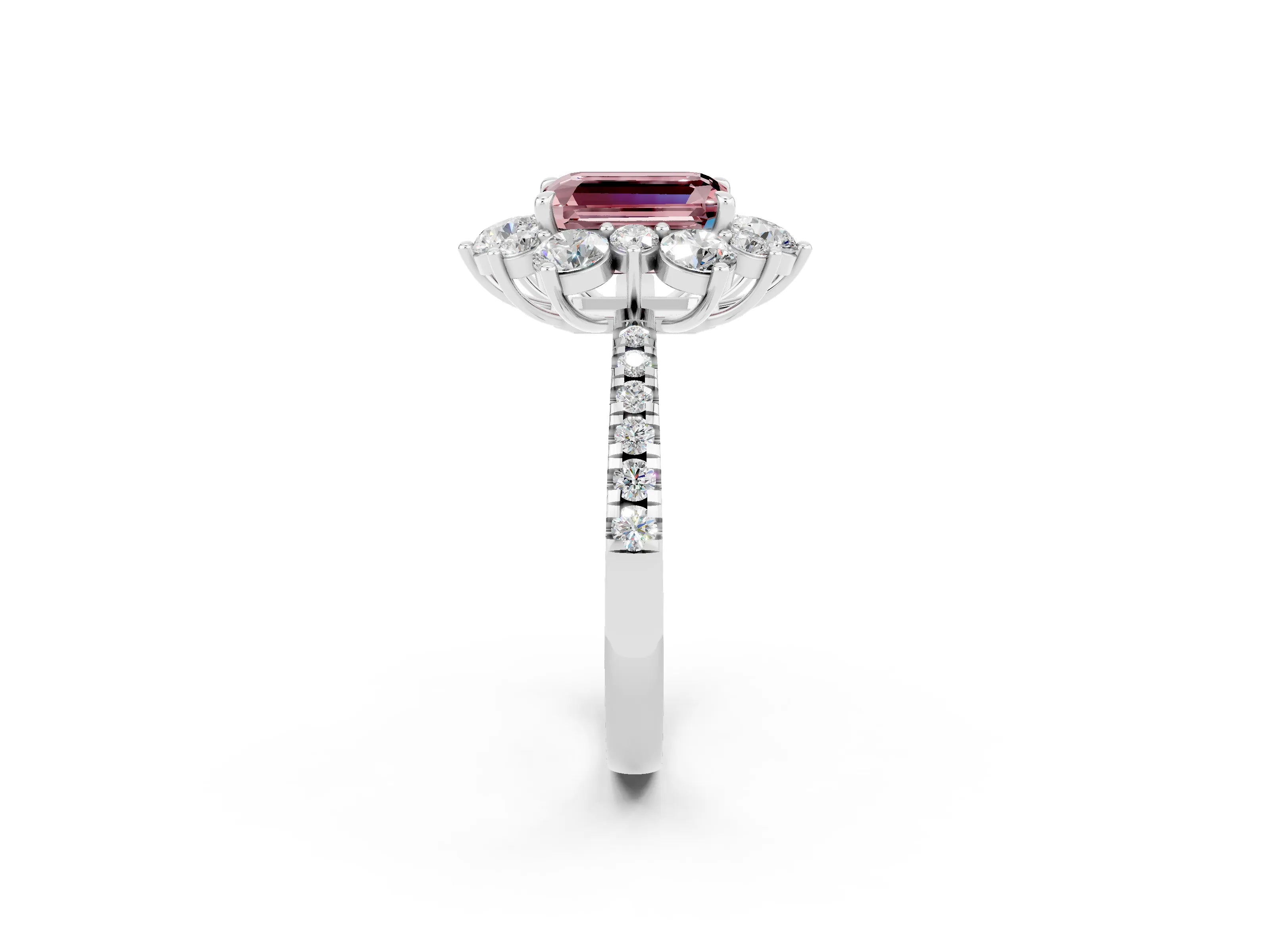 White gold Emerald Cut Cut Diamond Floral Halo Pave Band with Prong Setting_2