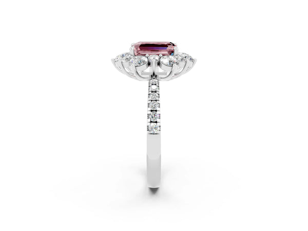 White gold Emerald Cut Cut Diamond Floral Halo Pave Band with Prong Setting