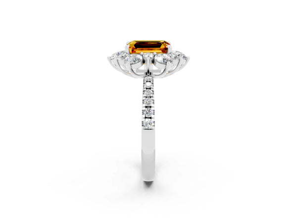 Platinum Emerald Cut Citrine Floral Halo Ring with Round Pavé Band and Prong Setting