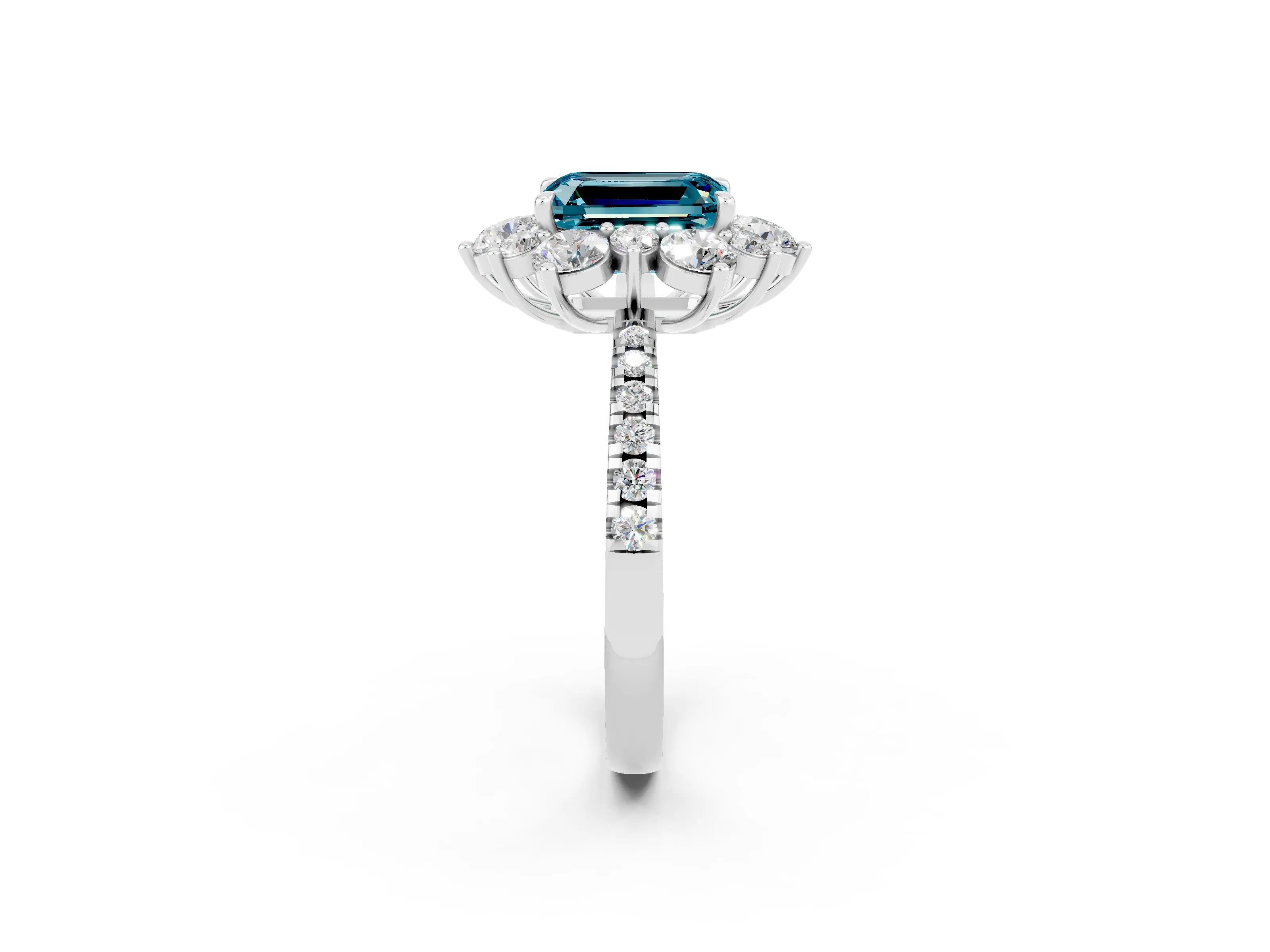 White gold Emerald Cut Cut Diamond Floral Halo Pave Band with Prong Setting_2