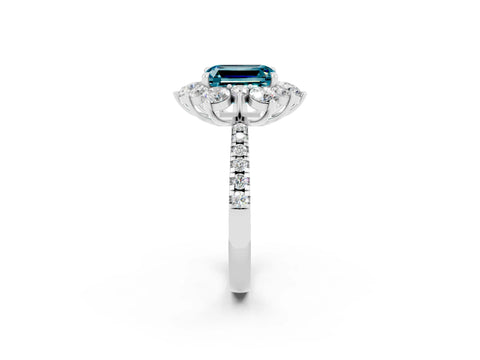 White gold Emerald Cut Cut Diamond Floral Halo Pave Band with Prong Setting_2