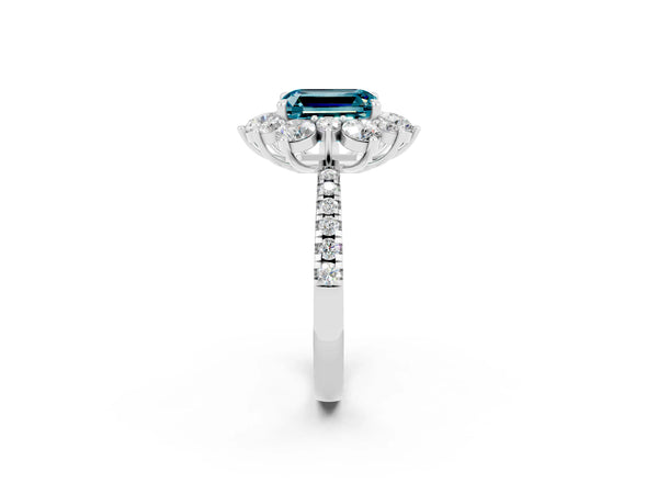 Silver Emerald Cut Cut Diamond Floral Halo Pave Band with Prong Setting