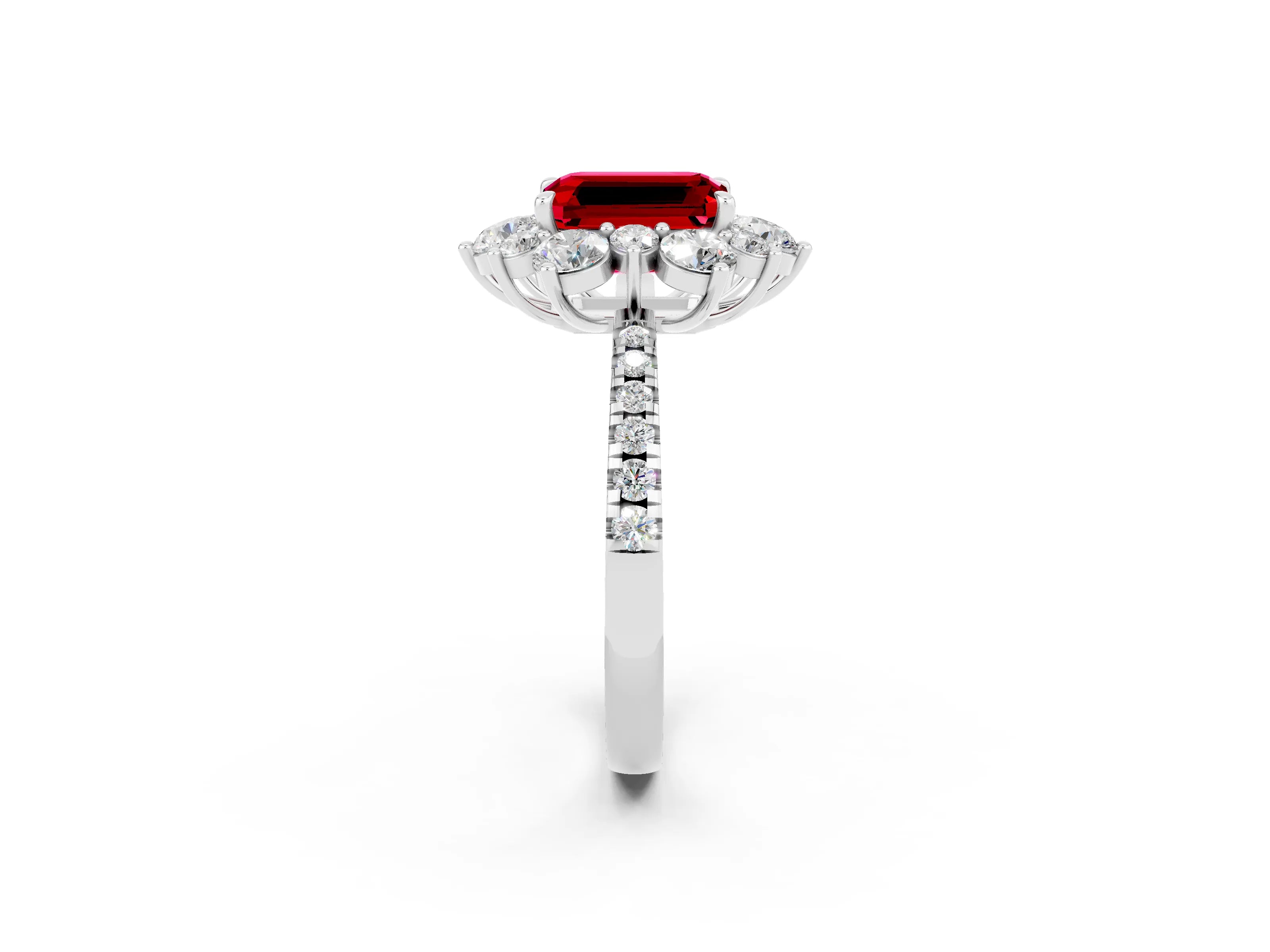 White gold Emerald Cut Cut Diamond Floral Halo Pave Band with Prong Setting_2