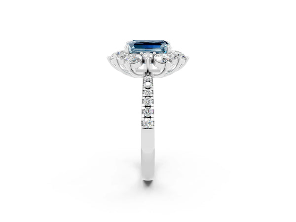 White gold Emerald Cut Aquamarine Floral Halo Ring with Round Pavé Band and Prong Setting