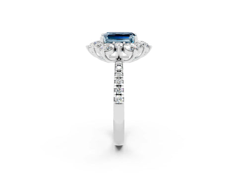 White gold Emerald Cut Cut Diamond Floral Halo Pave Band with Prong Setting_2