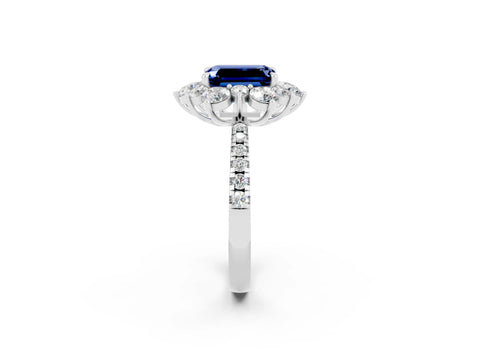 White gold Emerald Cut Cut Diamond Floral Halo Pave Band with Prong Setting_2