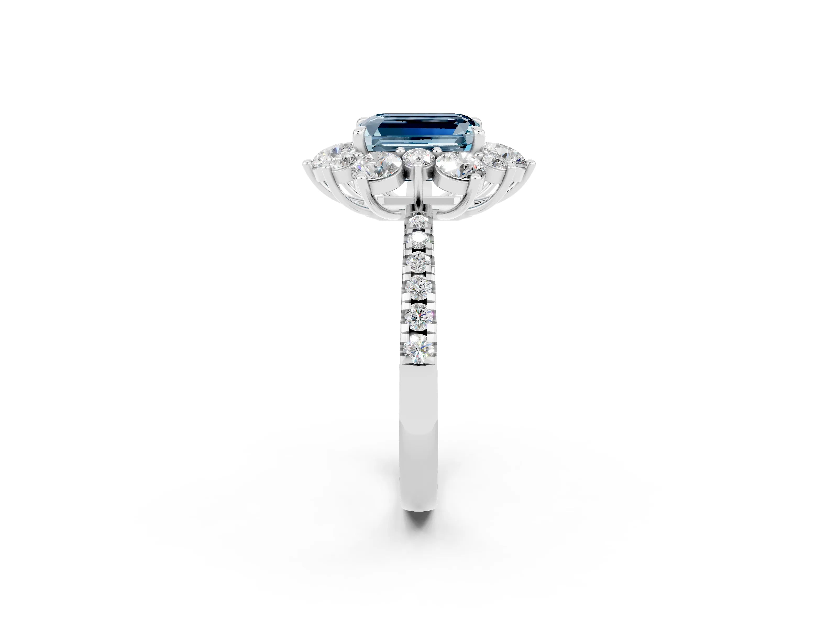 White gold Emerald Cut Cut Diamond Floral Halo Pave Band with Prong Setting_2
