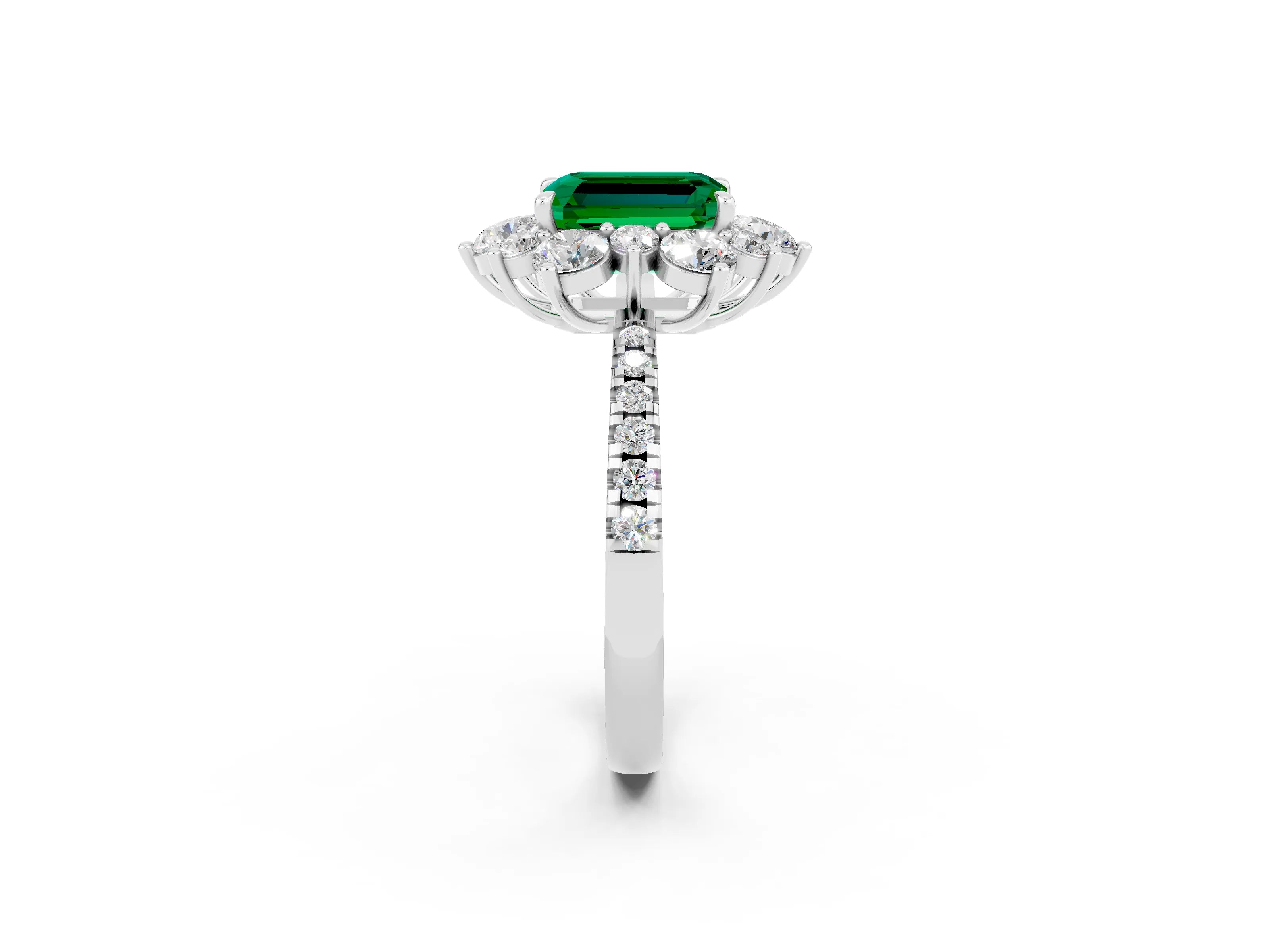 White gold Emerald Cut Cut Diamond Floral Halo Pave Band with Prong Setting_2