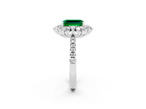 White gold Emerald Cut Cut Diamond Floral Halo Pave Band with Prong Setting_2
