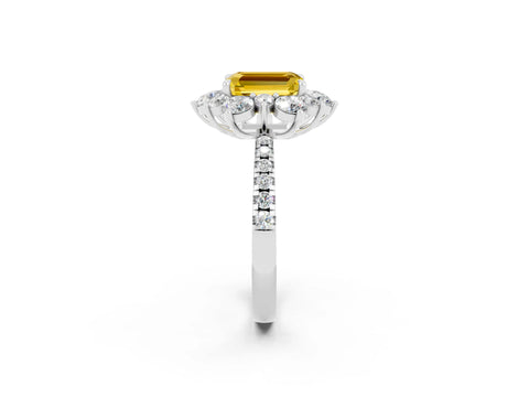 White gold Emerald Cut Cut Diamond Floral Halo Pave Band with Prong Setting_2
