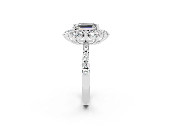Silver Emerald Cut Moissanite Floral Halo Ring with Round Pavé Band and Prong Setting