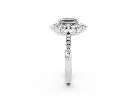 White gold Emerald Cut Cut Diamond Floral Halo Pave Band with Prong Setting_2