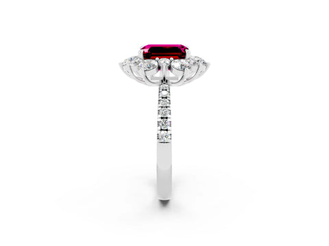 White gold Emerald Cut Cut Diamond Floral Halo Pave Band with Prong Setting_2