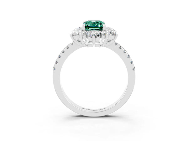 Platinum Emerald Cut Green Sapphire Floral Halo Ring with Round Pavé Band and Prong Setting