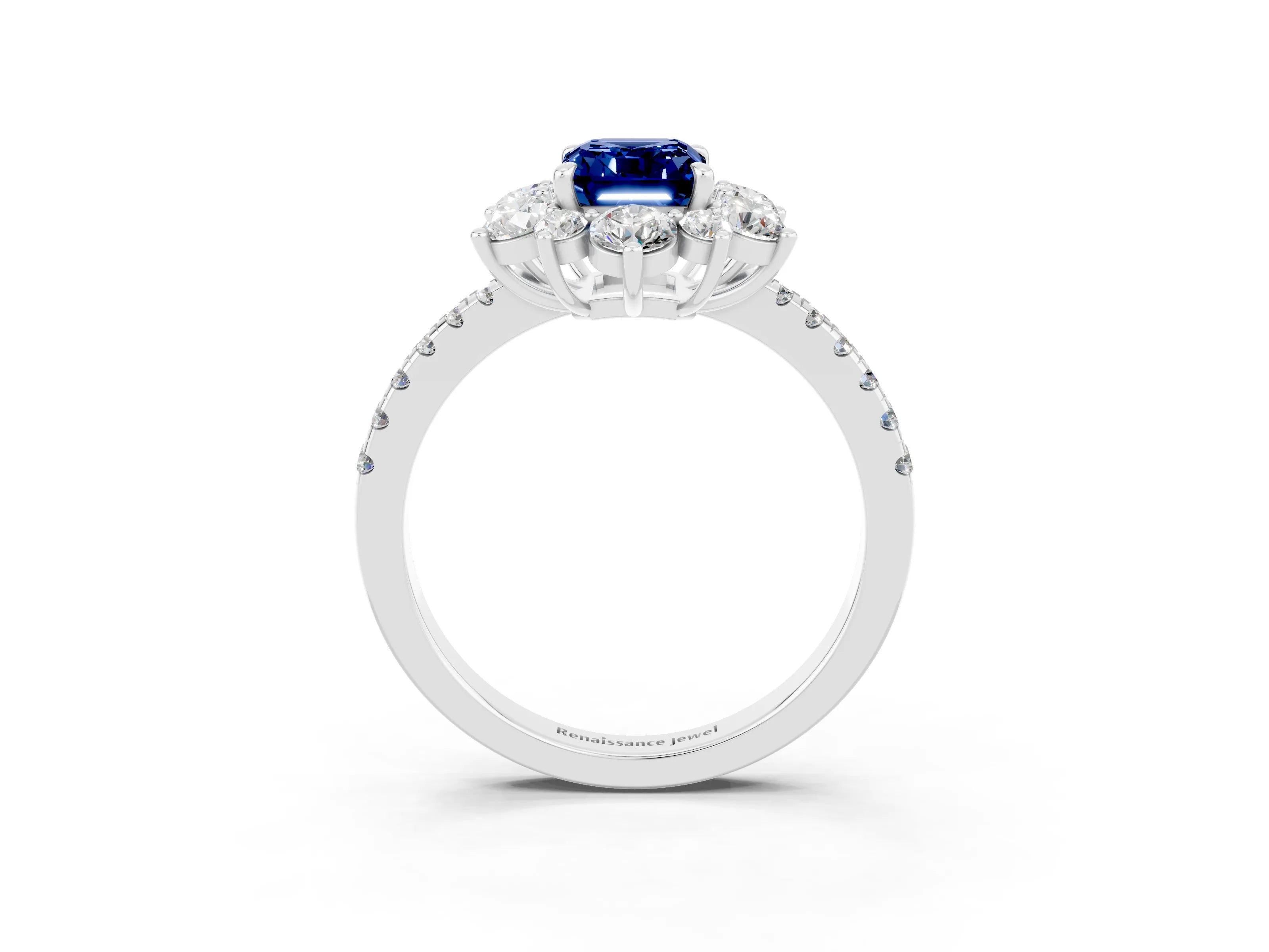 White gold Emerald Cut Cut Diamond Floral Halo Pave Band with Prong Setting_3