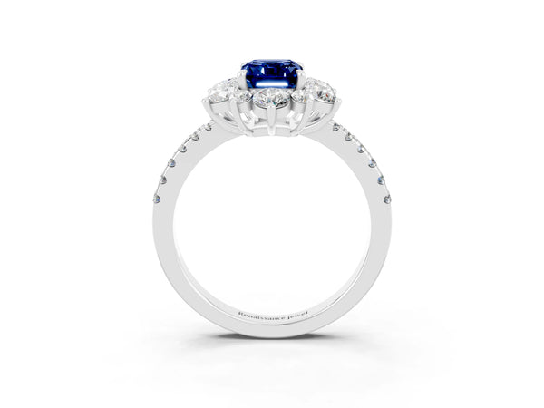 White gold Emerald Cut Blue Sapphire Floral Halo Ring with Round Pavé Band and Prong Setting