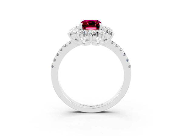 Silver Emerald Cut Garnet Floral Halo Ring with Round Pavé Band and Prong Setting