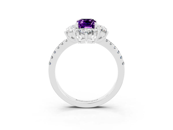 Silver Emerald Cut Amethyst Floral Halo Ring with Round Pavé Band and Prong Setting