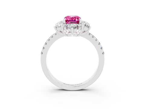 White gold Emerald Cut Cut Diamond Floral Halo Pave Band with Prong Setting_3