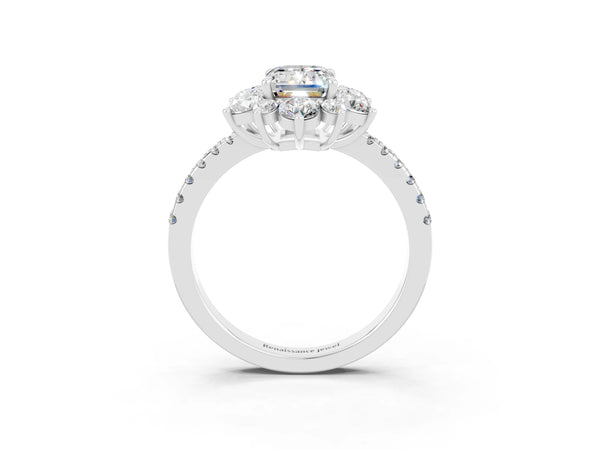 Silver Emerald Cut Moissanite Floral Halo Ring with Round Pavé Band and Prong Setting