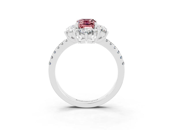 White gold Emerald Cut Cut Diamond Floral Halo Pave Band with Prong Setting