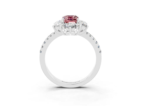 White gold Emerald Cut Cut Diamond Floral Halo Pave Band with Prong Setting_3