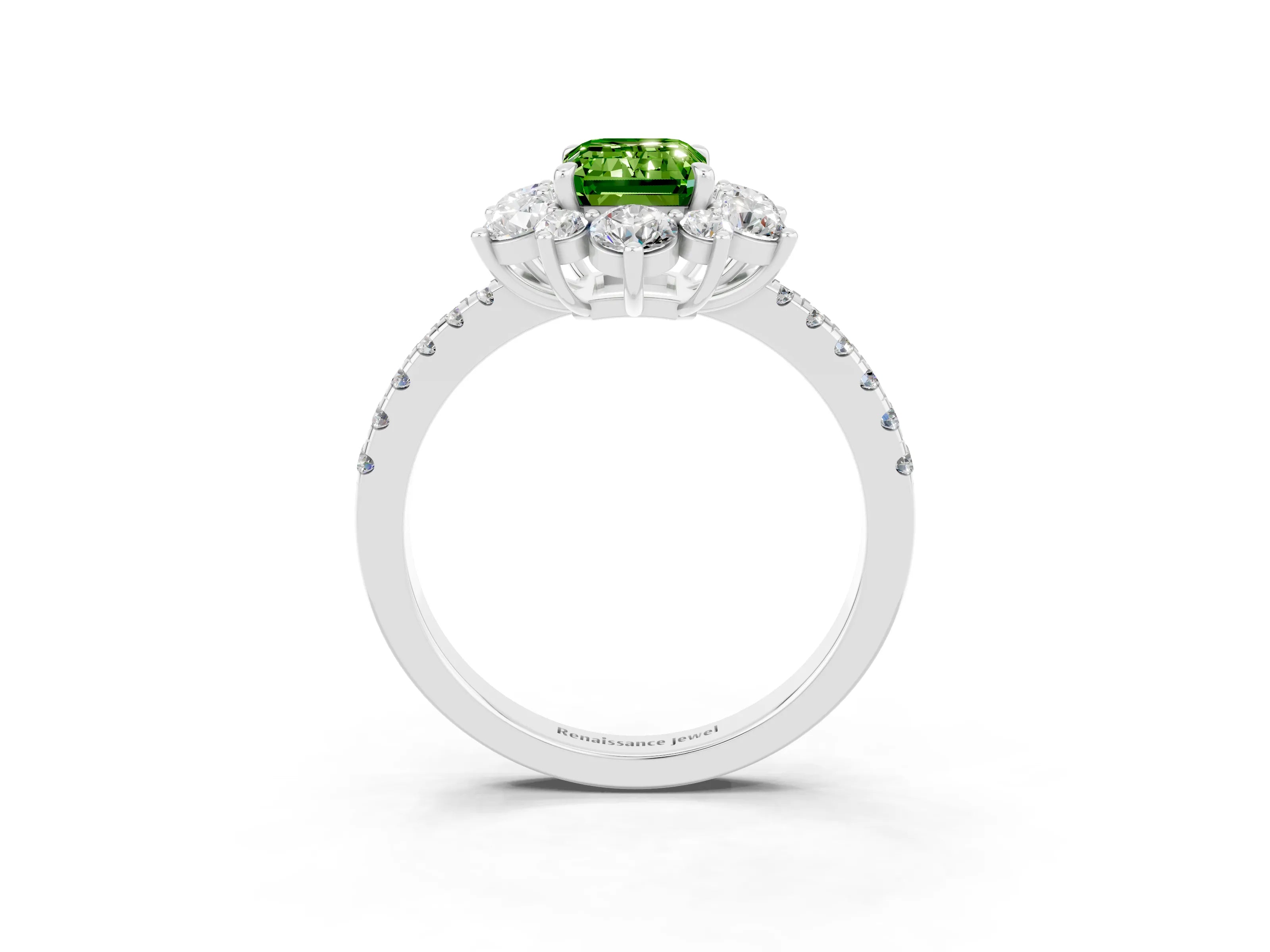 White gold Emerald Cut Cut Diamond Floral Halo Pave Band with Prong Setting_3