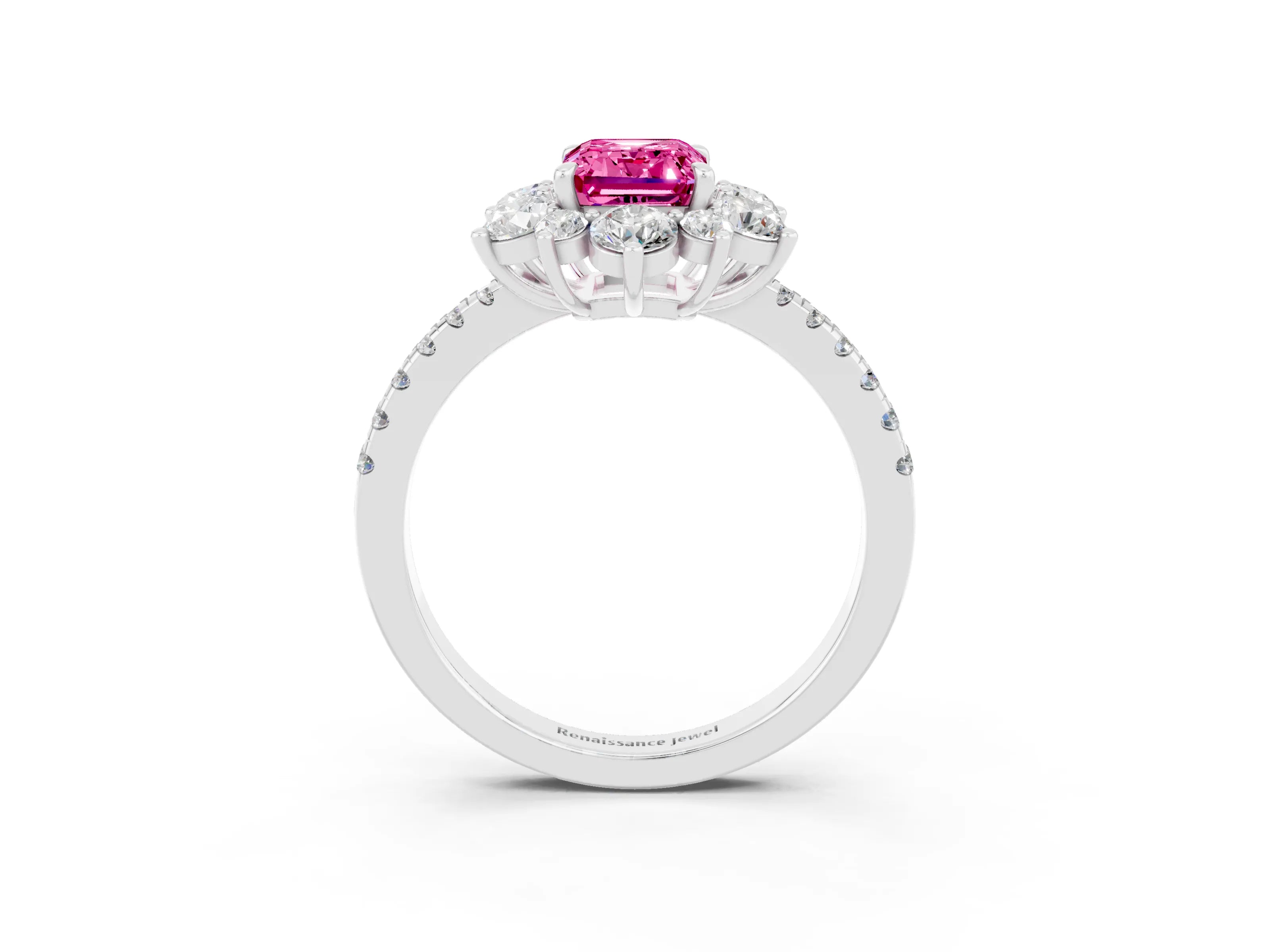 White gold Emerald Cut Cut Diamond Floral Halo Pave Band with Prong Setting_3