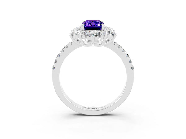 White gold Emerald Cut Tanzanite Floral Halo Ring with Round Pavé Band and Prong Setting