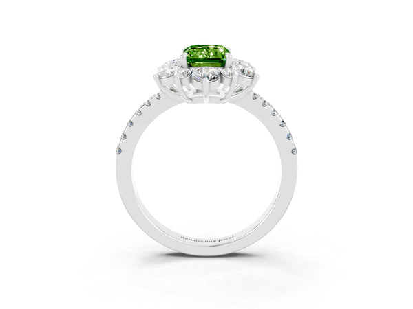 Platinum Emerald Cut Cut Diamond Floral Halo Pave Band with Prong Setting