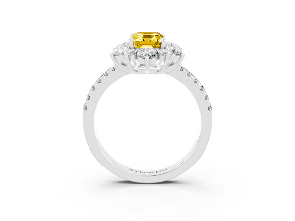 Platinum Emerald Cut Yellow Sapphire Floral Halo Ring with Round Pavé Band and Prong Setting