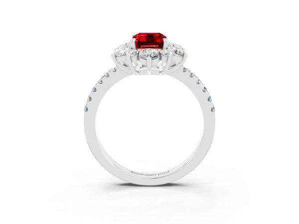 Platinum Emerald Cut Ruby Floral Halo Ring with Round Pavé Band and Prong Setting