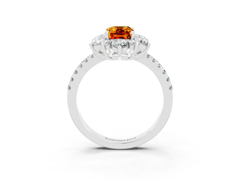 White gold Emerald Cut Cut Diamond Floral Halo Pave Band with Prong Setting_3