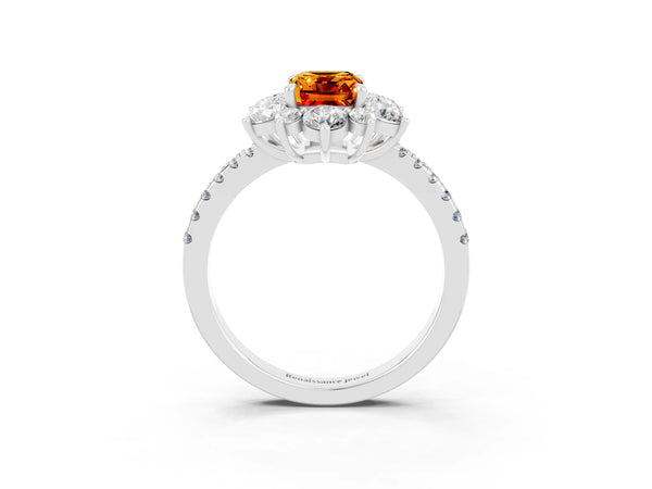 Silver Emerald Cut Citrine Floral Halo Ring with Round Pavé Band and Prong Setting