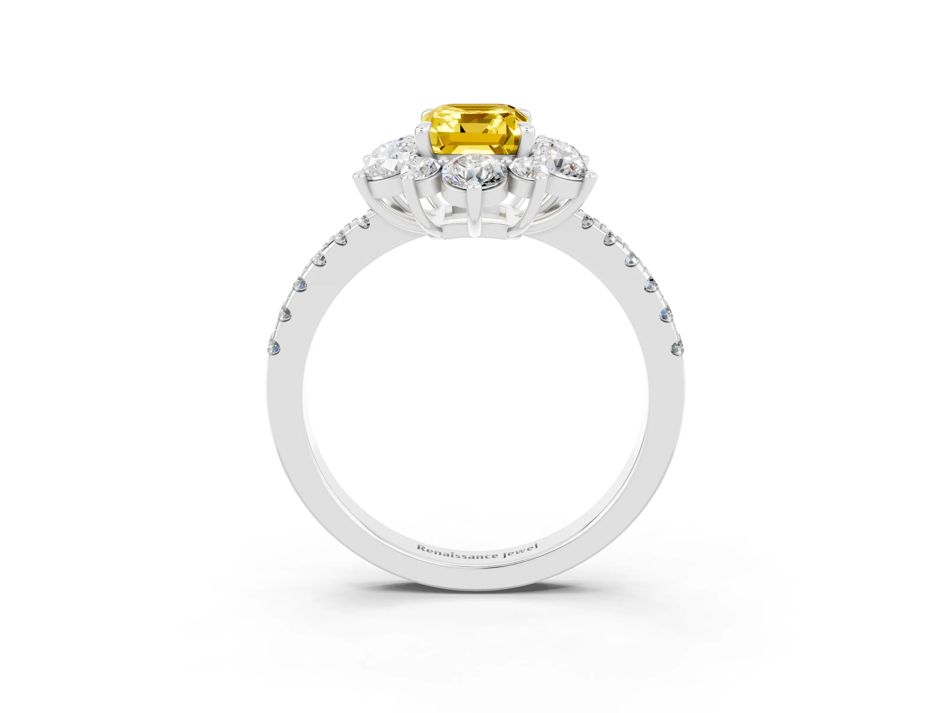 White gold Emerald Cut Cut Diamond Floral Halo Pave Band with Prong Setting_3
