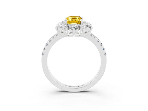 White gold Emerald Cut Cut Diamond Floral Halo Pave Band with Prong Setting_3