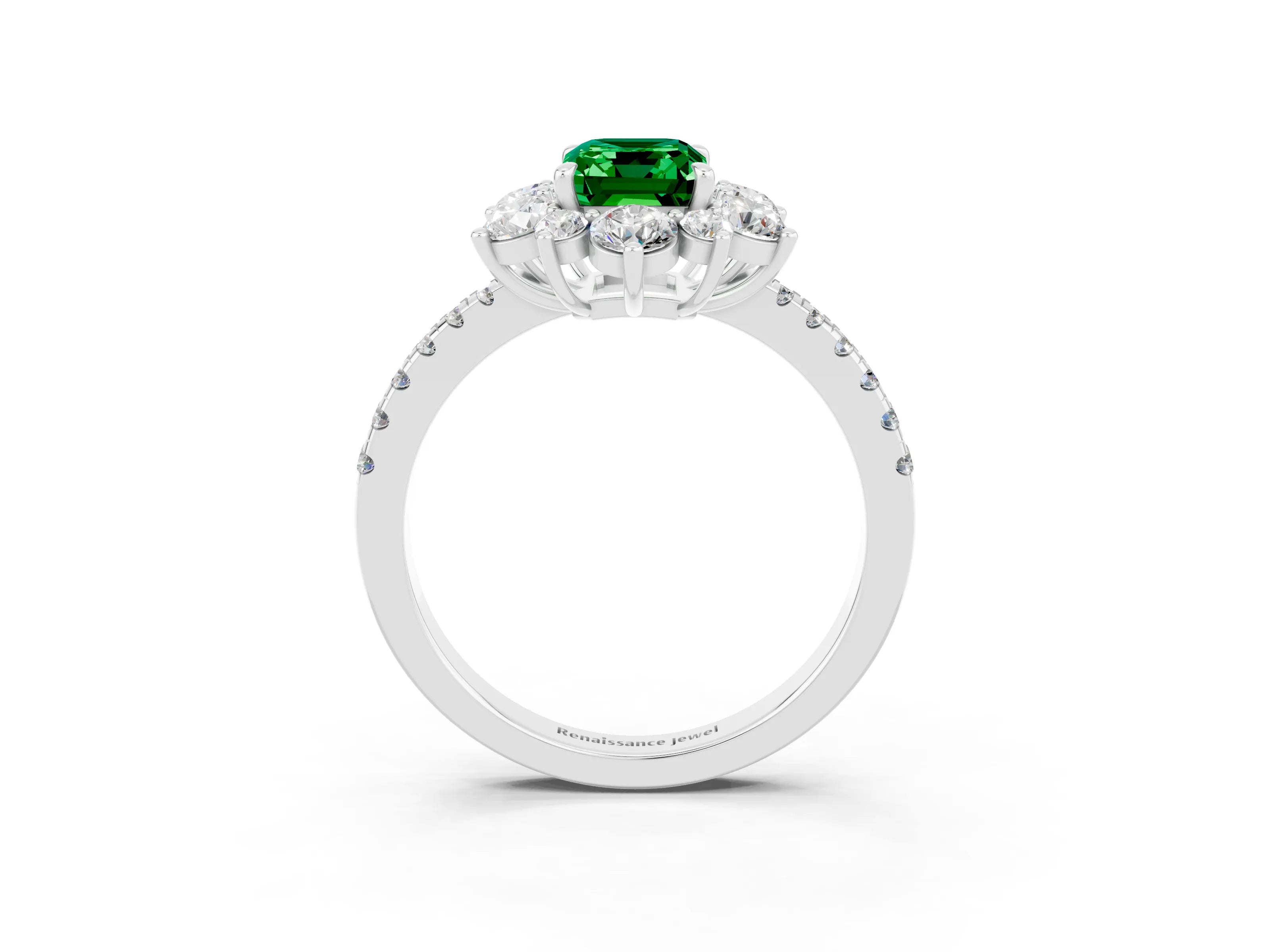 White gold Emerald Cut Cut Diamond Floral Halo Pave Band with Prong Setting_3