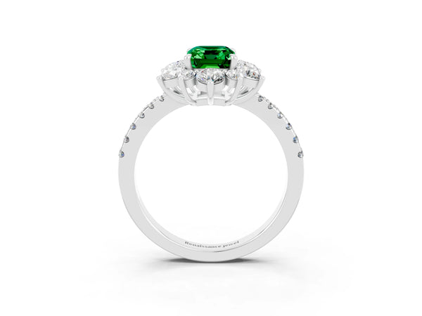 Platinum Emerald Cut Emerald Floral Halo Ring with Round Pavé Band and Prong Setting